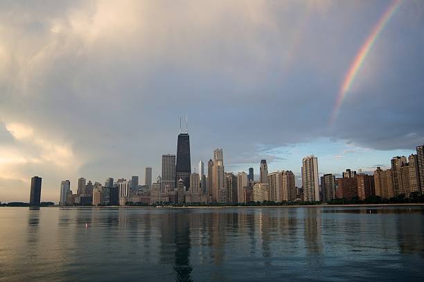 Double Rainbow over Chicago stock photo