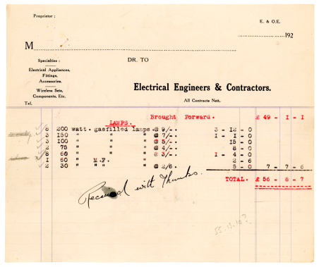 An old receipted bill for light bulbs from an electrical supplier, 1920s. Identifying details removed.