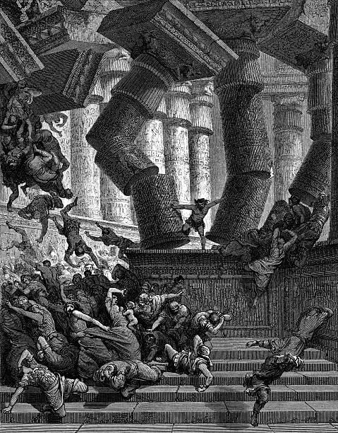 samson niszczy temple - death bed illustration and painting engraving stock illustrations