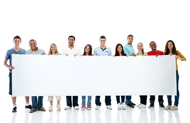 grupo grande de retención de un big white board. - black sign holding vertical fotografías e imágenes de stock