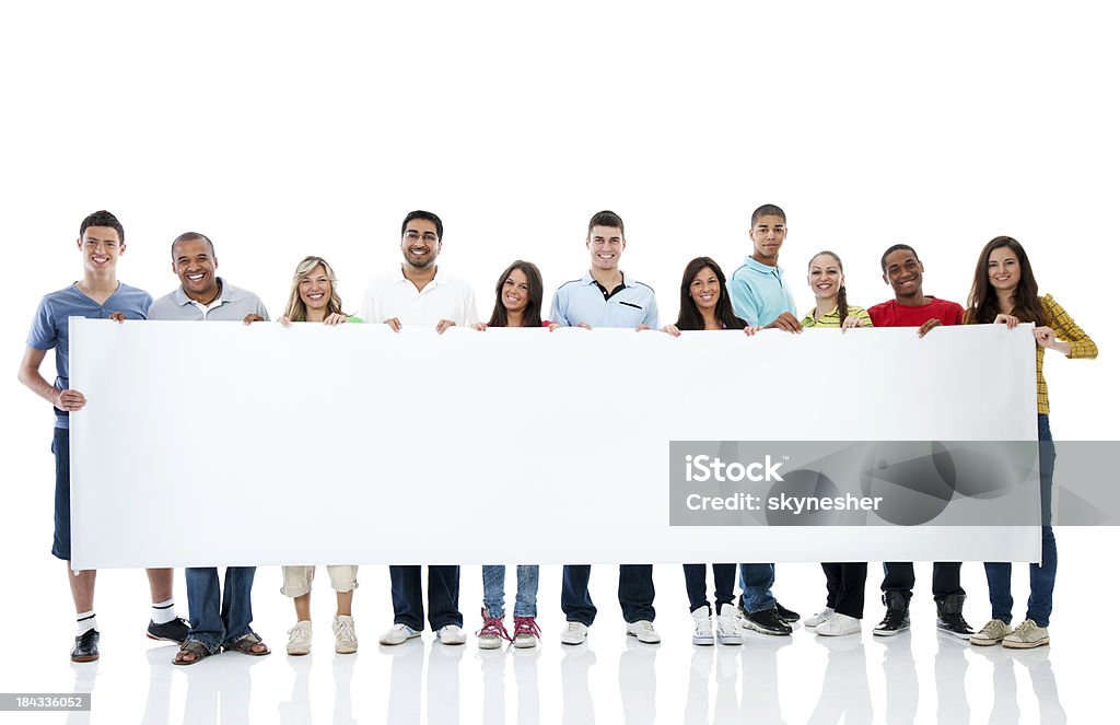 Grupo grande segurando um grande quadro branco. - Royalty-free Segurar Foto de stock