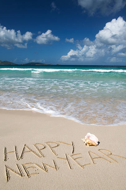 istock Happy New Year Message Handwritten on Tropical Beach with Shell 184336538
