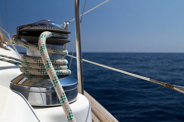 istock Sail boat winch with tight rope 184336787