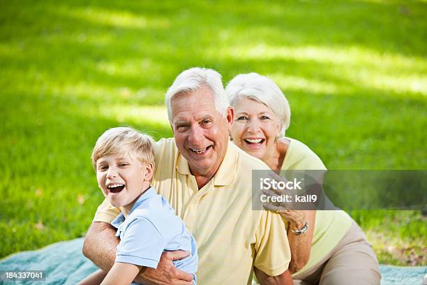 Foto de Avós E Neto Rindo Juntos Ao Ar Livre e mais fotos de stock de 60 Anos - 60 Anos, 8-9 Anos, Adulto