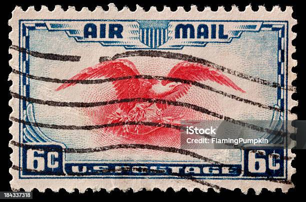 Canceled Airmail Postage Stamp Isolated On Black Stock Photo - Download Image Now - 1930-1939, 20th Century Style, Air Mail