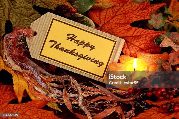 Holiday Happy Thanksgiving On Tag With Leaves Still Life Stock Photo - Download Image Now