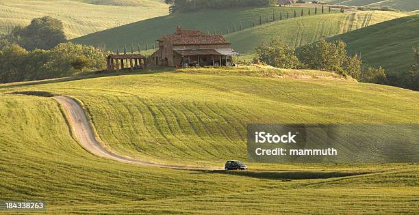 Road Zwischen Den Hügeln Der Toskana Stockfoto und mehr Bilder von Agrarbetrieb - Agrarbetrieb, Anhöhe, Auto