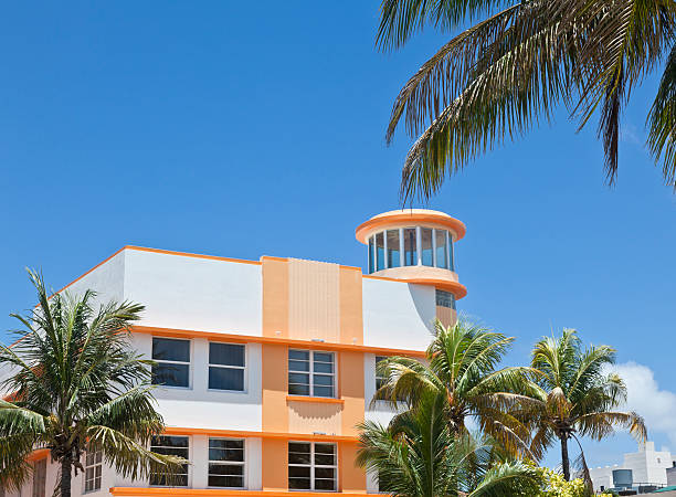 istock Miami South Beach Art Deco Buildings, Palms Under Brilliant Sky 184340221