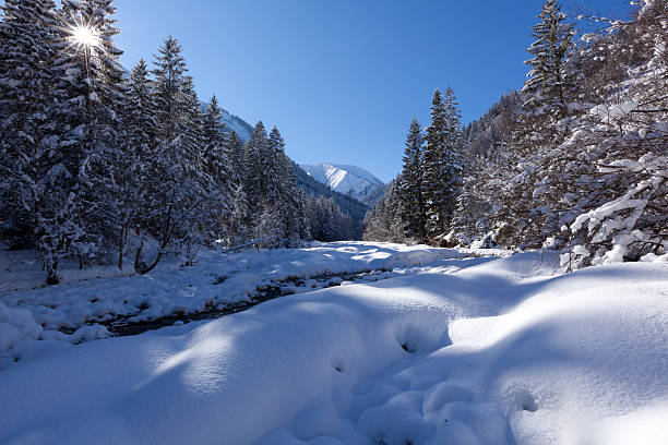 schneebedeckte winter landschaft mit fluss in tirol, österreich - lechtaler alps stock-fotos und bilder