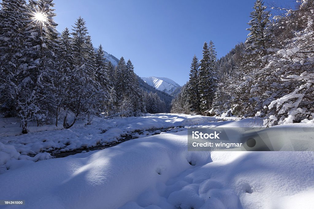 Coberta de neve no inverno paisagem com rio, tirol, Áustria - Foto de stock de Alpes europeus royalty-free