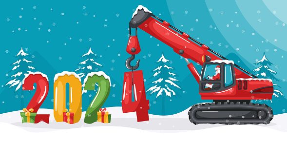 Santa Claus driving a telescopic crawler or chain crane placing the year 2024. Christmas winter with snow. Celebrating the beginning of a happy new year. Heavy machinery in the construction industry