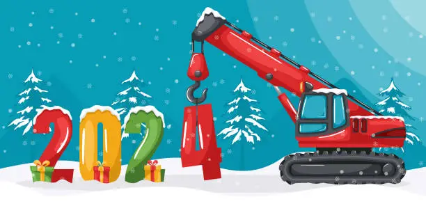 Vector illustration of Red crawler or chain telescopic crane placing the year 2024. Christmas winter landscape with snow. Celebrating the beginning of a happy new year. Heavy machinery used in the construction industry