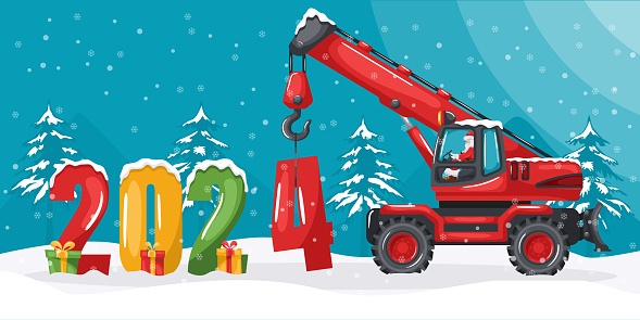 Santa Claus driving a red wheeled telescopic crane placing the year 2024. Christmas winter landscape with snow. Celebrating the beginning of a happy new year. Heavy machinery used in the construction