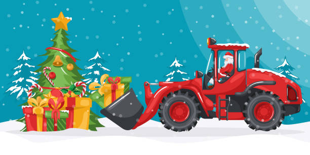 istock Santa Claus driving front loader carrying gifts to a Christmas tree. Christmas winter landscape with snow. Celebrating the beginning of a happy new year. Heavy machinery in the construction industry 1843421928