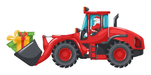 Vector illustration of Santa claus driving red front loader carrying gift boxes celebrating a merry christmas. Heavy machinery used in the construction and mining industry