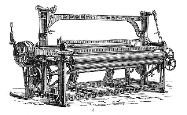 ilustrações, clipart, desenhos animados e ícones de retro maquinaria jacquard tecelagem - engraved image gear old fashioned machine part