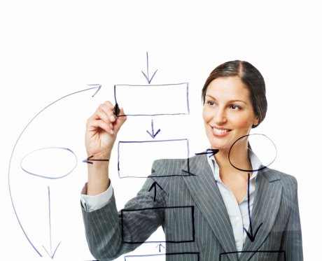 Businesswoman draws a flow chart onto a clear board. Horizontal shot. Isolated on white.