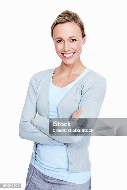 Confiante Mulher Sorridente - Fotografias de stock e mais imagens de Fundo Branco - Fundo Branco, Mulheres, Só Uma Mulher