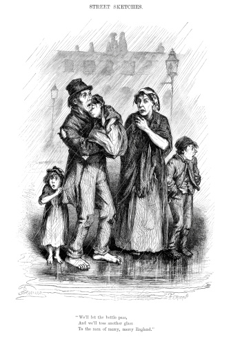 Vintage engraving from 1870 of a poor homeless family on the streets of London in the 19th century