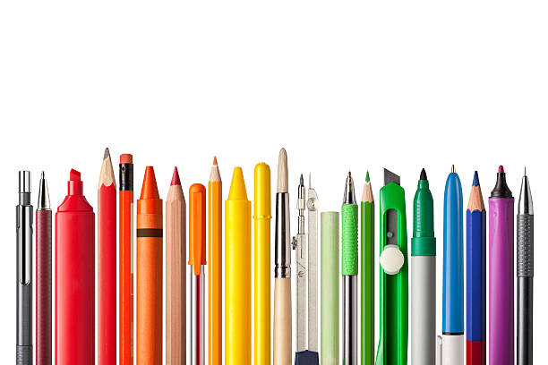School supplies. "School supplies. Pencils, ballpoint pens, brush, colored pencils, cutter, highlighter, compass, chalk, pastel crayon. Photography in high resolution.Similar pictures from my portfolio:" crayon drawing photos stock pictures, royalty-free photos & images