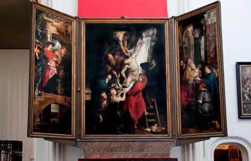 The Descent of the Cross is the central panel of a triptych painted by Peter Paul Rubens in 1612.  The painting is one of the great altar peaces in the Cathedral of Our Lady in Antwerp. The central Panel = 421X311 cm (166X122 inches).  The two other panels describe “the Visitation” and the “Presentation of  Jesus at the temple”.   Each panel =  411X153 cm (166X60 inches).