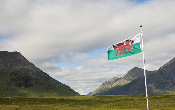 Flag of Wales The flag of Wales with in the background the first of the Three Sisters which guard the entrance to Glencoe. welsh flag stock pictures, royalty-free photos & images