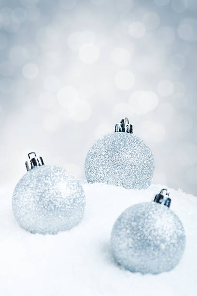 istock Silver Christmas baubles on snow with a silver background 184344523