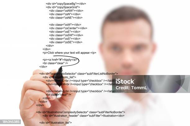 Geschäftsmann Zeigen Schriftzug Stockfoto und mehr Bilder von Code - Code, Weißer Hintergrund, Computersprache