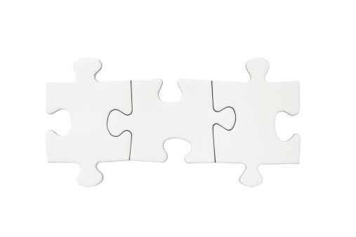 Row of metallized puzzle jiggle pieces isolated on white background. 3d render