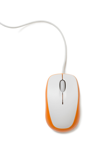 Hand-shaped cursor figurine clicks a computer mouse button. Creative helping hand concept.