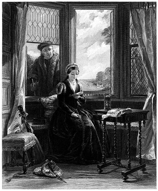 Lady Jane Grey and Roger Ascham (Engraved illustration) "An illustration from 1871 showing a 16th Century scene: Lady Jane Grey and Roger Ascham, first published by London, Virtue & Co. Drawn by J C Horsley R A and engraved by L Stocks A R A.Lady Jane Grey (1537 - 1554) was nominal queen of England for just nine days in 1553, as part of an unsuccessful bid to prevent the accession of the Catholic Mary Tudor." lady jane grey stock illustrations