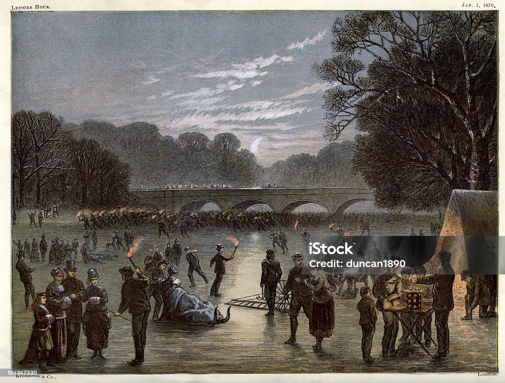 Ice skating on the Serpentine Vintage colour lithograph of people skating at night on the frozen Serpentine Lake in London's Hyde Park London - England stock illustration