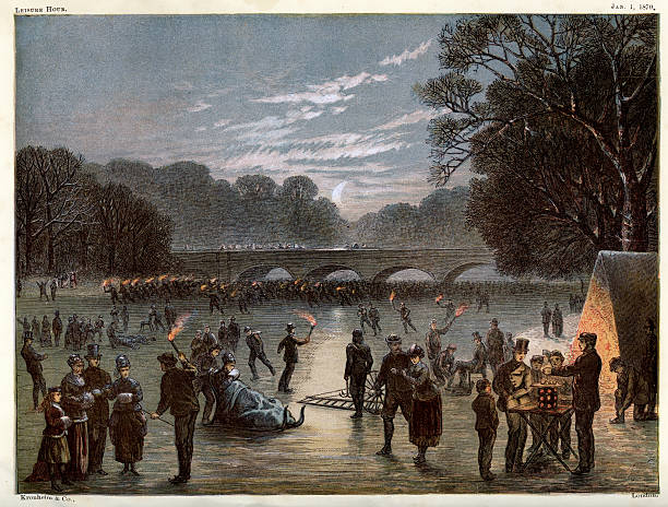 Ice skating on the Serpentine Vintage colour lithograph of people skating at night on the frozen Serpentine Lake in London's Hyde Park hyde park london photos stock illustrations