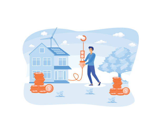 ilustrações de stock, clip art, desenhos animados e ícones de little man connects a cable to a socket leading from the sun to a charging generator with solar panels on the roof of the house. flat vector modern illustration - house residential structure cable sun