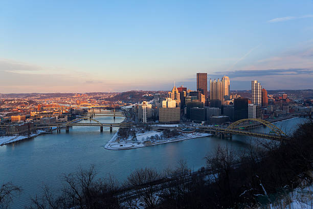 Aerial View of Pittsburgh at Sunset stock photo