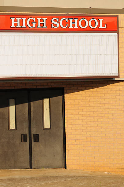 istock High school sign with marquee over door 184347808