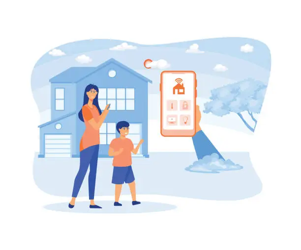 Vector illustration of Smart home app with control system, eco house on the background and family posing, technology and lifestyle concept. flat vector modern illustration