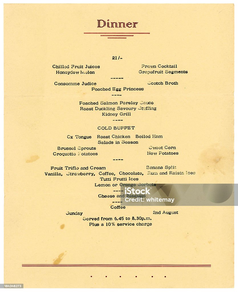 Vieille carte du dîner avec buffet froid - Photo de Hôtel libre de droits