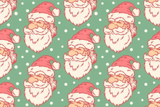 Vector illustration of Vector vintage seamless pattern of Santa Claus and snowflakes. Retro vector pattern with Santa Claus for Christmas.