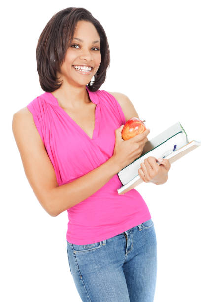 istock Happy Teacher With Books and Apple, Isolated on white background 184350216