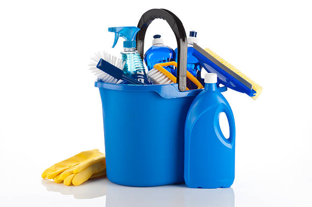 A blue bucket containing cleaning items and yellow gloves Household Cleaning Supplies. Includes All Cleanup Equipment. RELATED PHOTOS ON MY PORTFOLIOhttp://i1215.photobucket.com/albums/cc503/carlosgawronski/CleaningSupplies.jpg toilet brush photos stock pictures, royalty-free photos & images