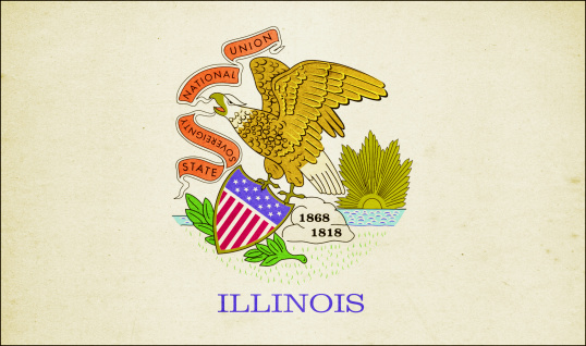 US state of Illinois paper flag close up with light effect and vignette. Visible paper texture for super realistic effect. Selective focus. Canon 5D Mark II and Sigma lens.SEE MORE US STATE FLAGS BELOW: