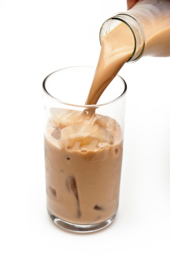Pouring Iced Cappuccino Coffee (could be protein milk also) on white background
