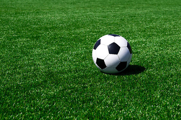 Soccer ball is placed on a very green soccer field.