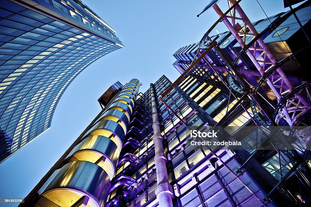 Futuristic Buildings in Business District Buildings in the city of London Lloyds of London Stock Photo