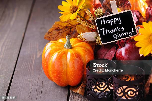 Autumn Decoration With Thanksgiving Card Stock Photo - Download Image Now - Backgrounds, Cornucopia, Apple - Fruit