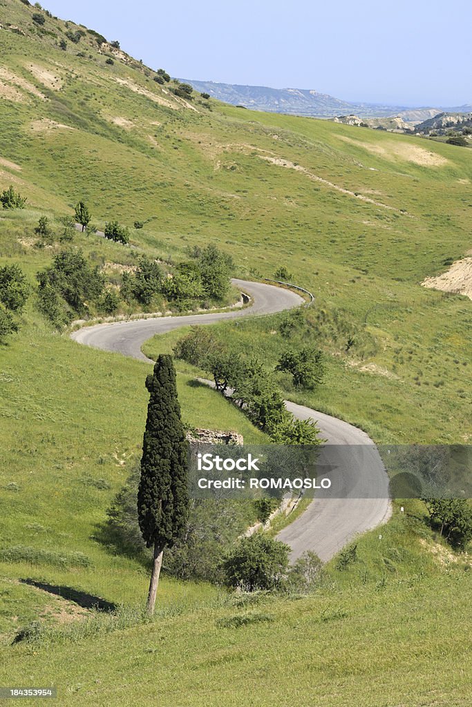 Estrada sinuosa e ciprestes perto Craco, Basilicata, Itália - Foto de stock de Ajardinado royalty-free