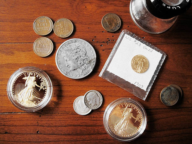Coin Collection - Rare U.S. Coins "A collection of rare and semi-rare U.S. gold coins including an 1896 Indian penny, a 1909 $2.5 gold piece, an 1882 Morgan silver dollar, assorted wheat pennies and silver dimes and (2) American Eagle gold bullion coins.In recent months, these coins have dramatically increased in value." money shortage stock pictures, royalty-free photos & images