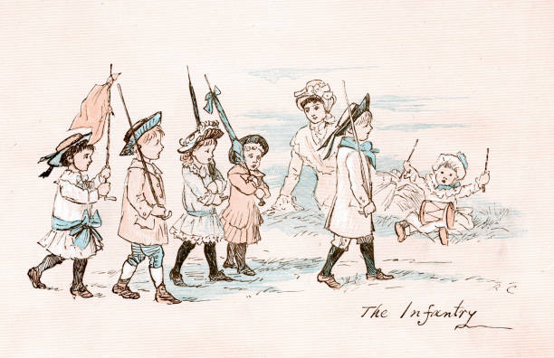 Vintage colour lithograph from 1883 showing a group of little children playing at being soldiers