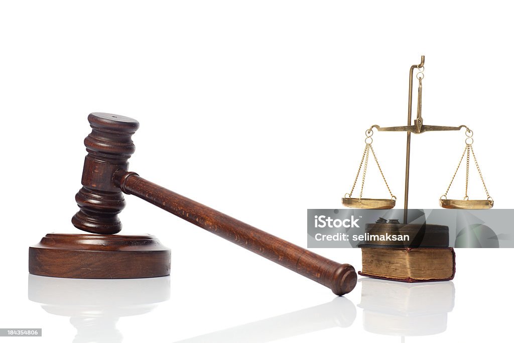 Gavel scale of justice and constitution book on white background Equal-Arm Balance Stock Photo